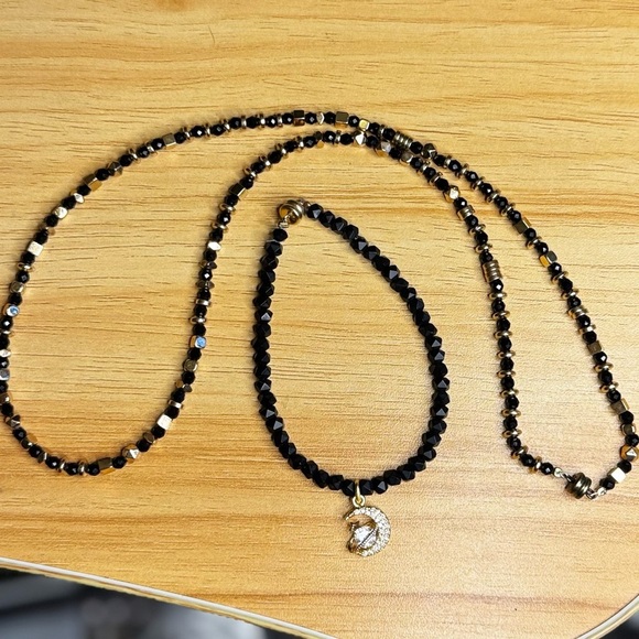 Set of 2 Black & Gold Hematite Wire Wrap Bracelets w/Crescent Moon Charm - Picture 2 of 2